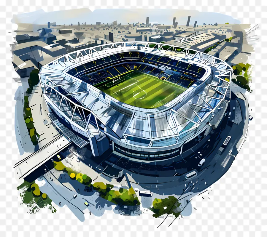 Tottenham Hotspur Stadium Soccer Soccer Stadium Green Grass Blue Sky Open Roof - Illustrazione digitale dello stadio di calcio vuoto