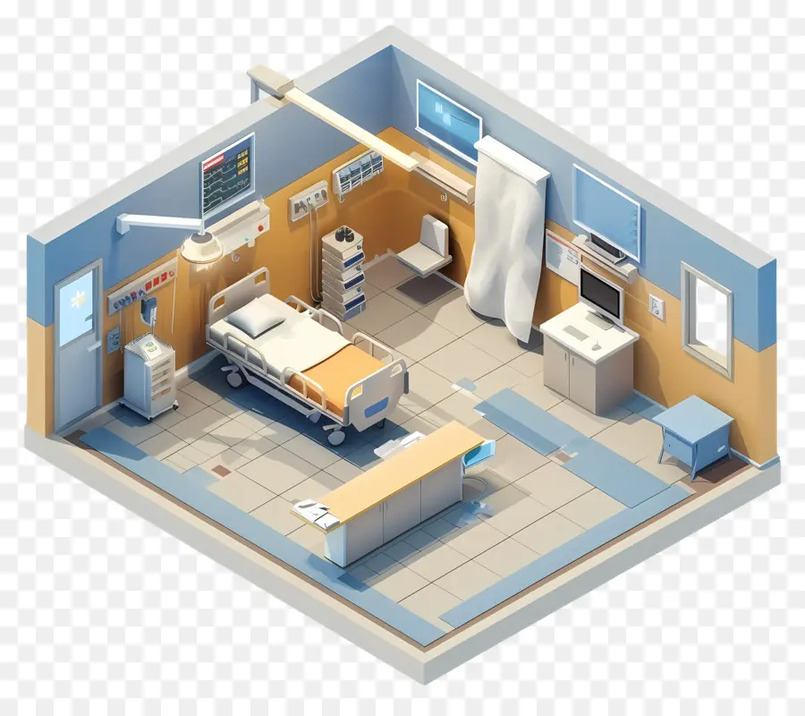 im Krankenhauszimmer Krankenhauszimmer Krankenhausbett Wanduhr Lampe - Krankenhauszimmer mit Bett, Tisch, Stühlen, Uhr