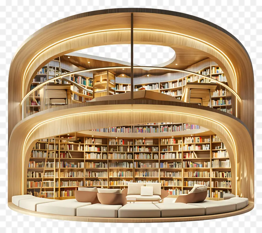 Libri delle biblioteche della sala da lettura Studiare la lettura - Accogliente biblioteca circolare con scaffali e scale