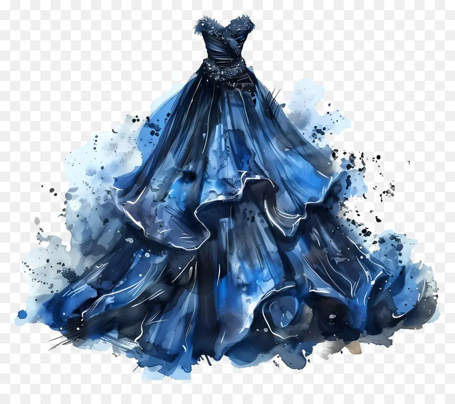 abito da sposa blu pittura ad acquerello dipinto lungo tessuto blu scuro - Pittura ad acquerello di abito blu scuro fluente