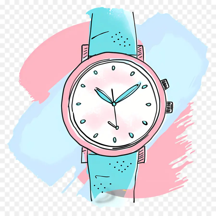 Frauen sehen Armbanduhrenschatmen Bleistift Zeichnen blaues und rosa Lederband weißes Zifferblatt - Bunte Armbanduhr Zeichnung auf rosa Hintergrund