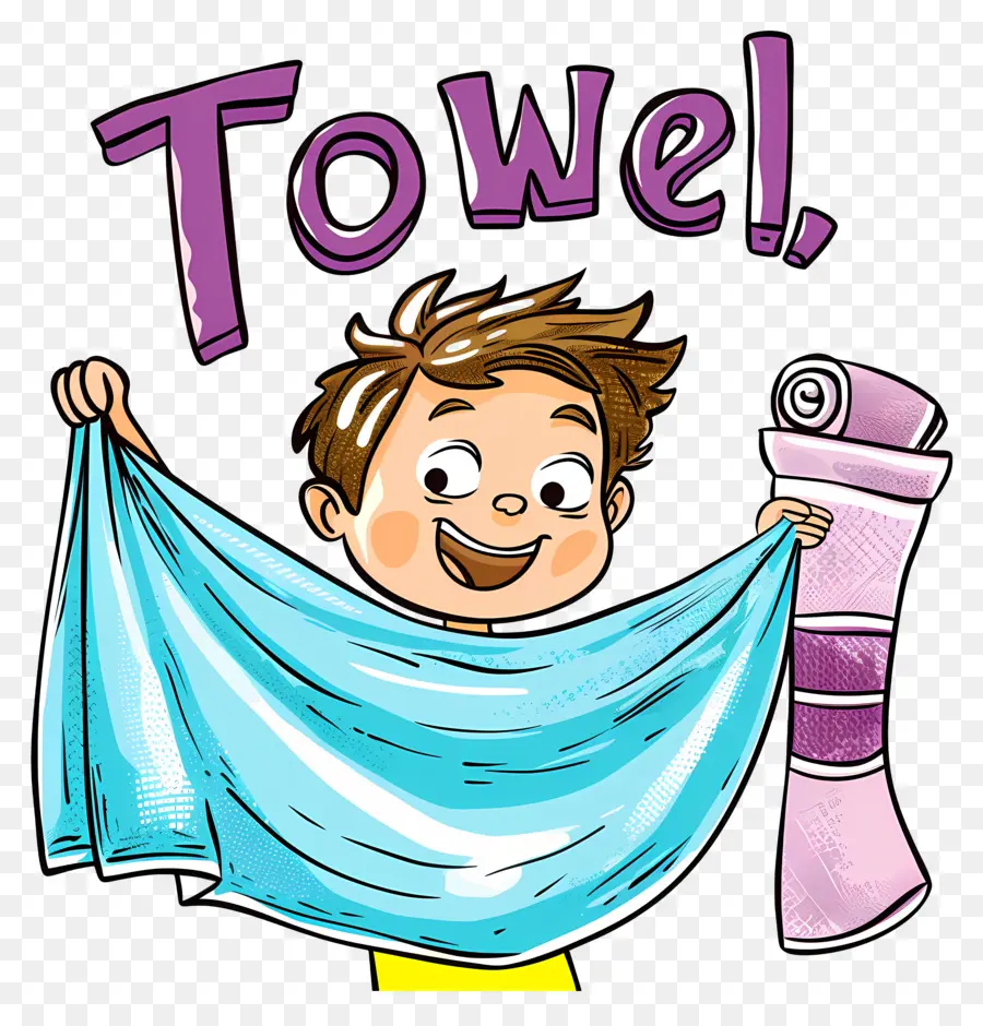 asciugamano asciugamano giovane ragazzo fumetto divertimento - Ragazzo con asciugamano azzurro, sorridendo felicemente