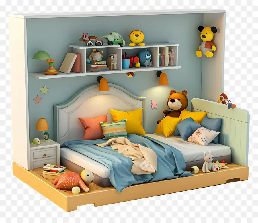 Teddybär - Gemütliches Schlafzimmer mit ausgestopften Tieren und Spielsachen