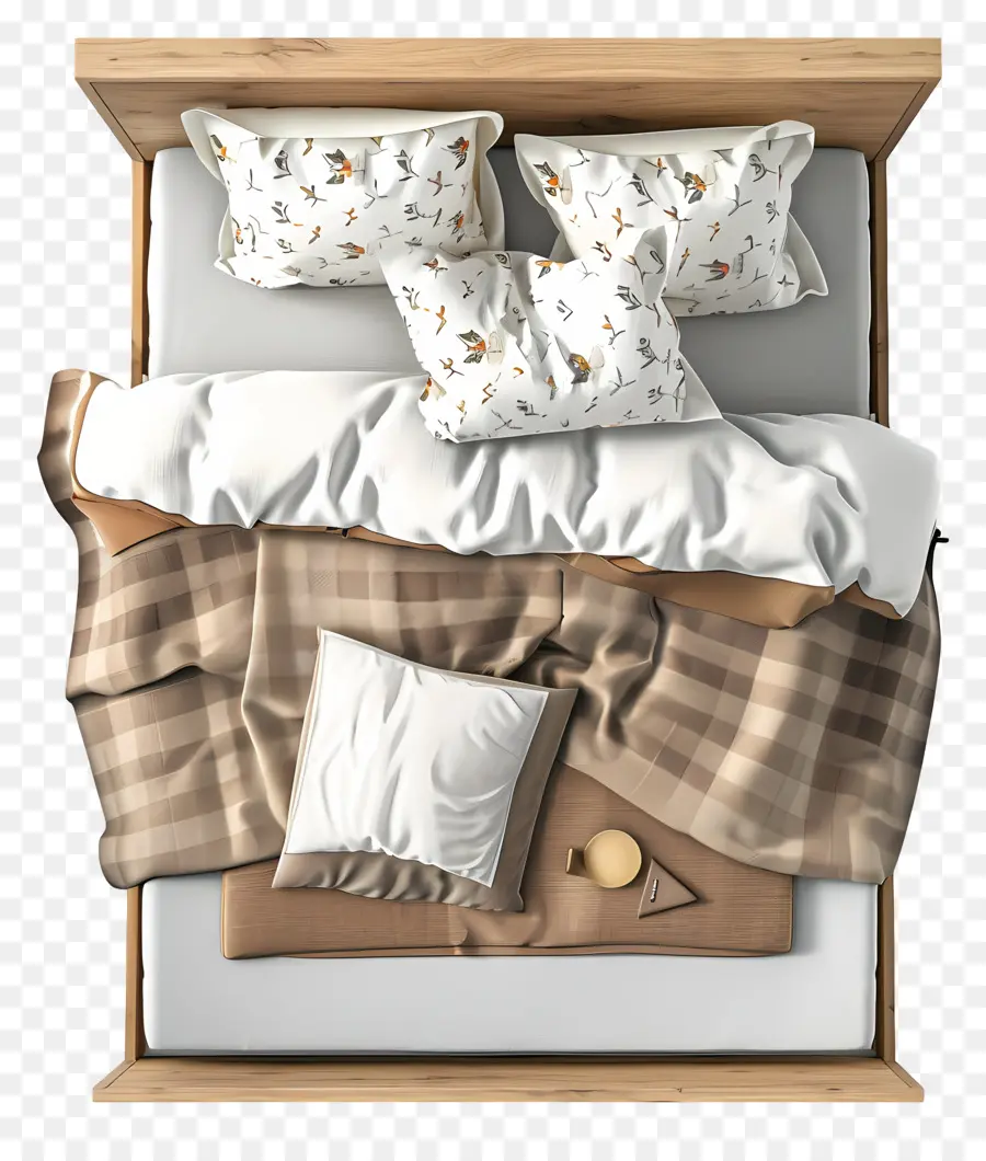 Vista superiore per letto in legno Framello letto Materasso cuscino coperta - Letto accogliente con cuscini, coperta, pantofole, vestiti