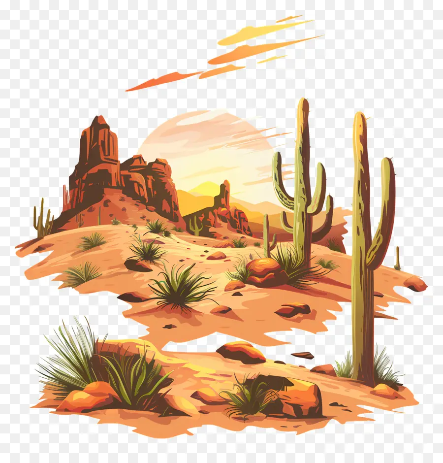 Desert Desert Cacti Rocks Saguaro Cactus - Scena del deserto con cactus, rocce, tramonto