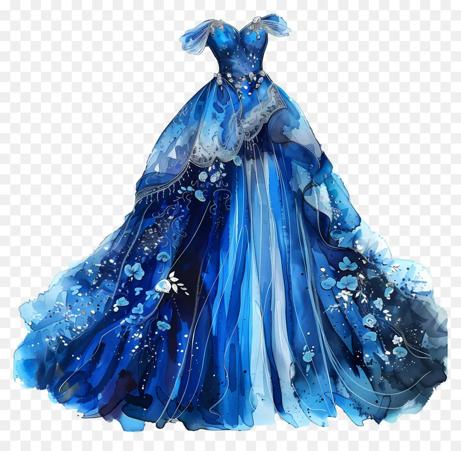 hoa thiết kế - Váy hoa màu nước màu xanh với xù lông