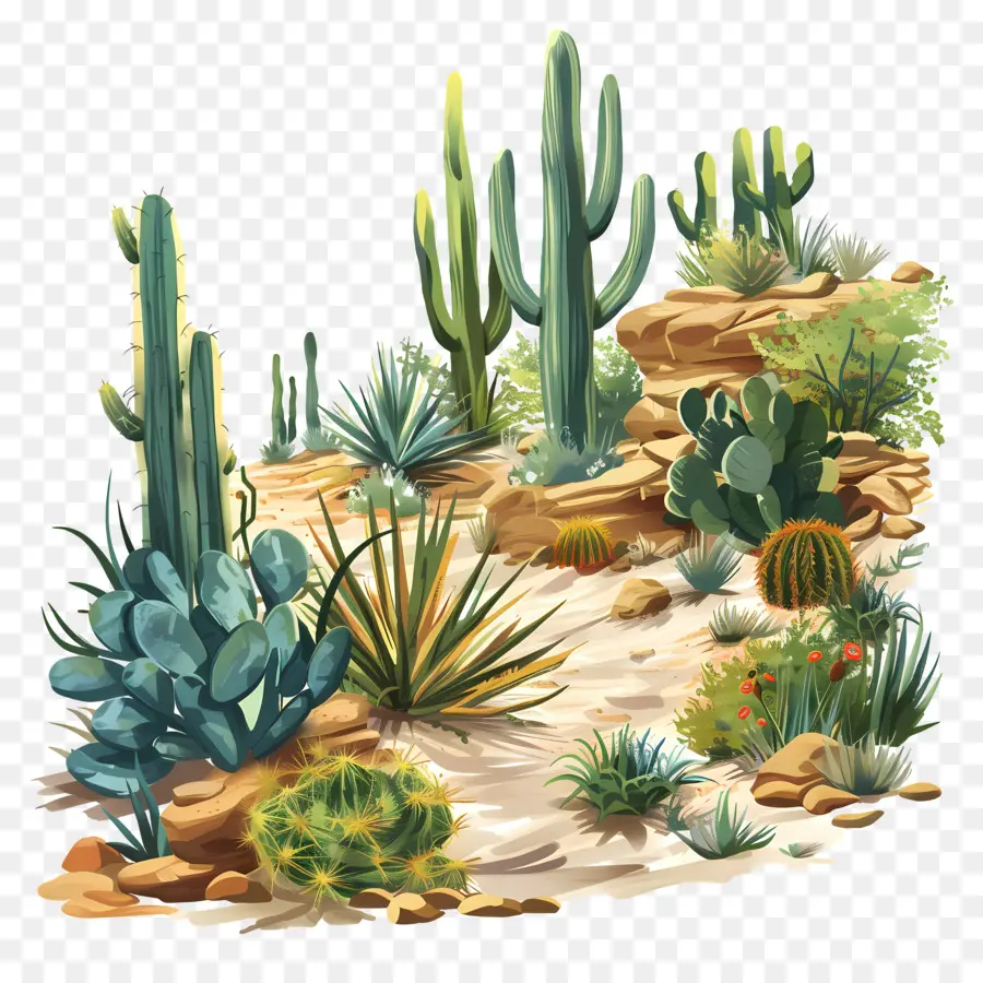 Kaktus - Wüstenlandschaft mit Kakteen und Büschen. 
Friedlich