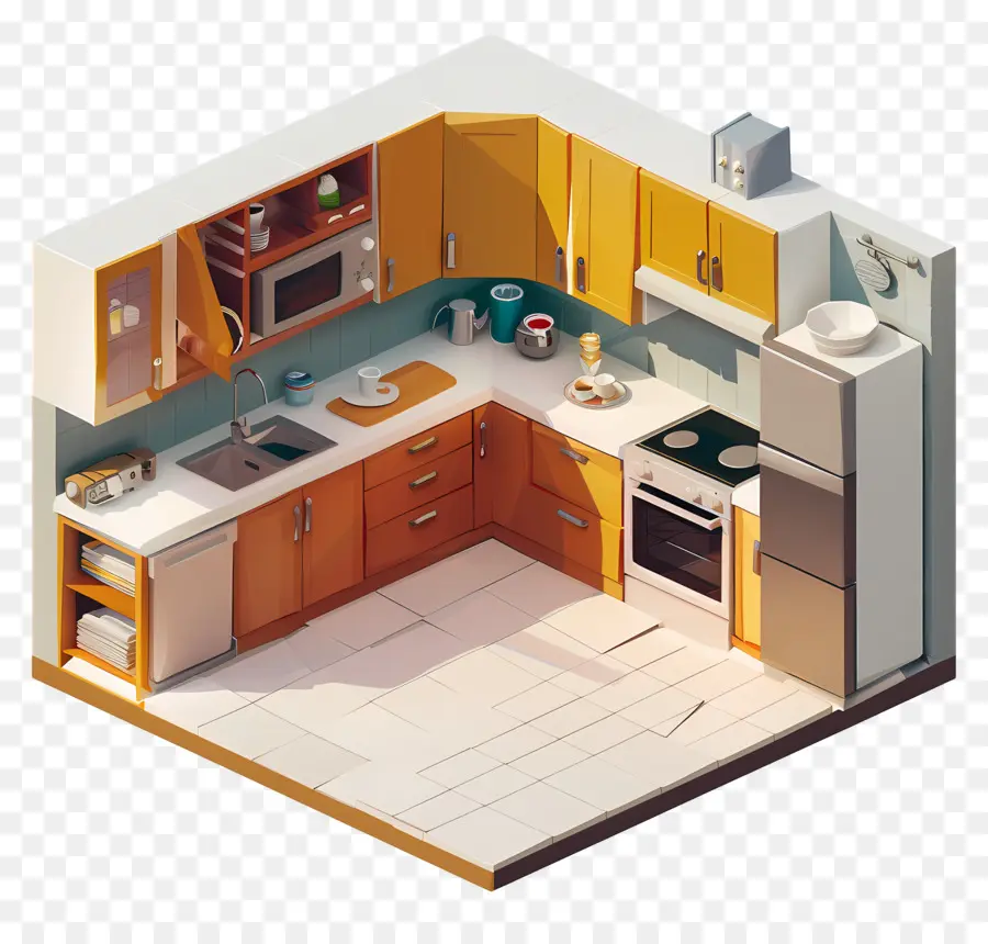 lò lạnh thiết kế nhà bếp isometric - Nhà bếp isometric ấm cúng với màu sắc ấm áp