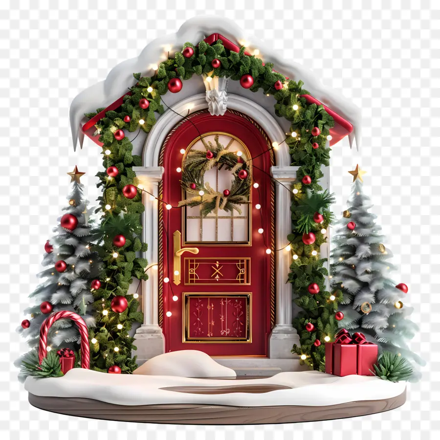 ghirlanda di natale - Porta anteriore rossa con decorazioni natalizie